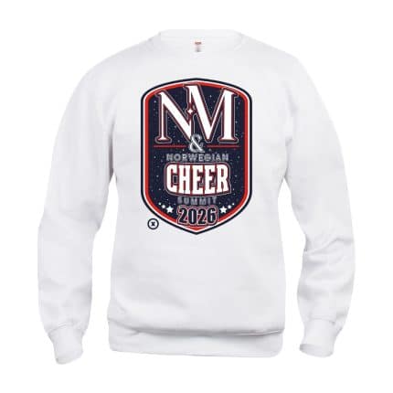 offisiell NM cheerleading genser med alle deltagende lag trykket på ryggen