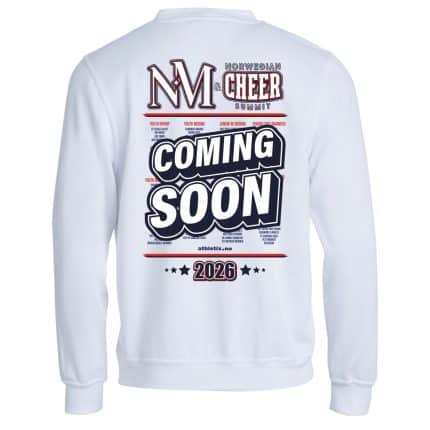 bakside av offisiell NM og Norwegian Cheer Summit genser med alle deltagende cheerleading lag trykket på ryggen